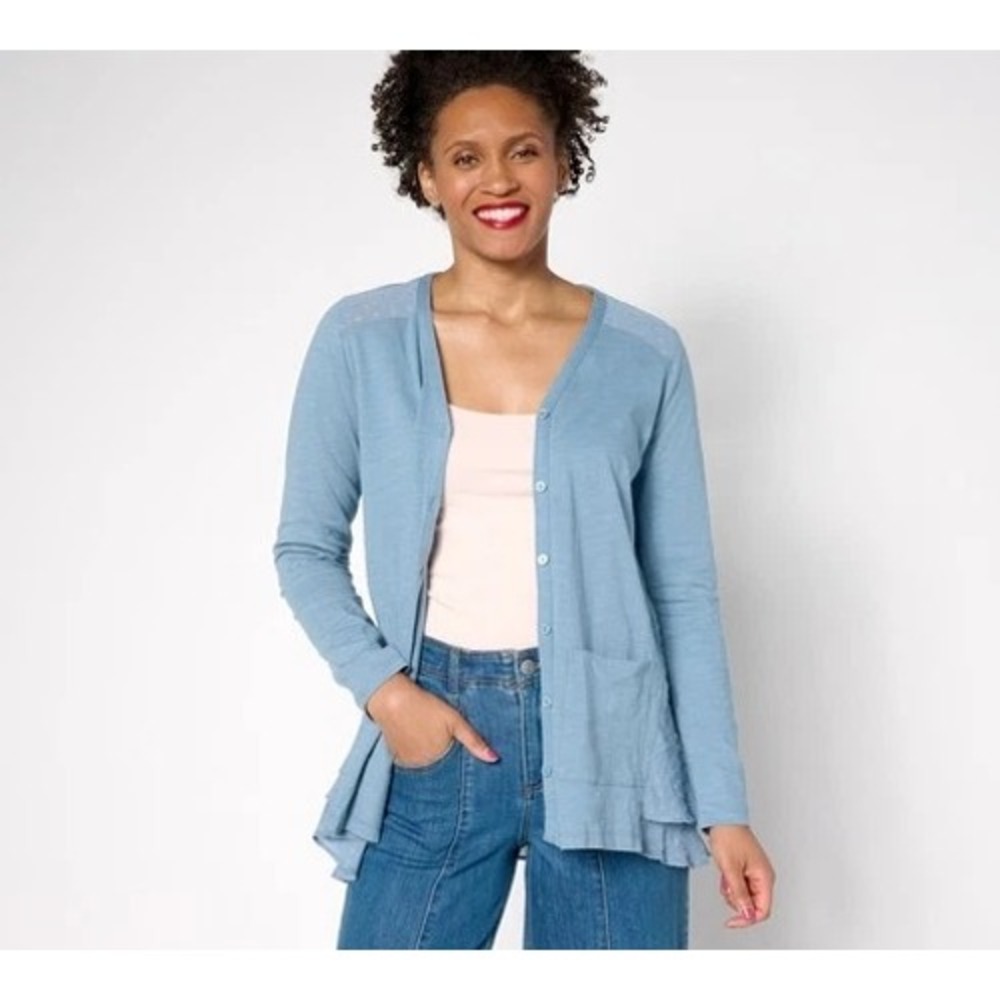 LOGO by Lori Goldstein cardigan women XL blue Clip Dot trim v-neck button up